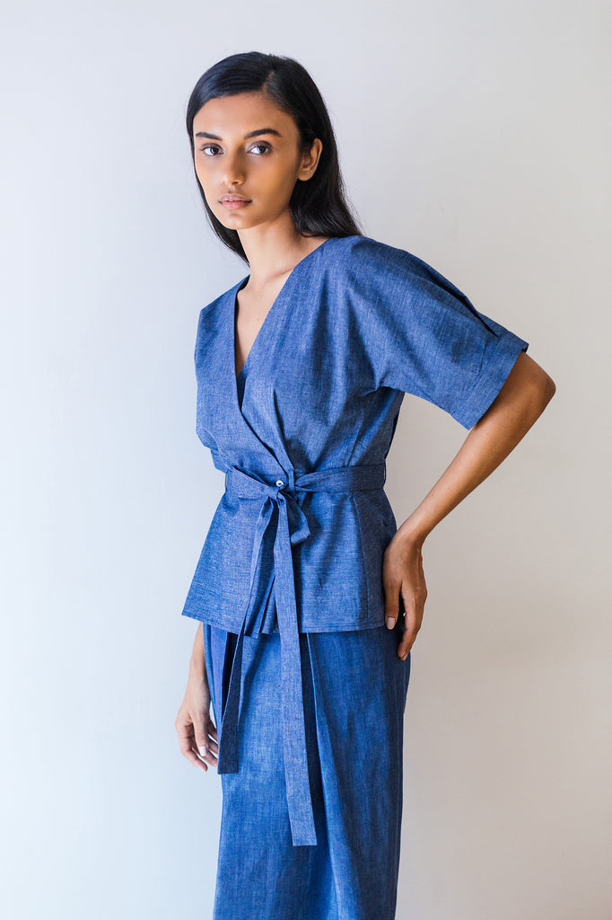 Lake Blue Belted Wrap Blouse