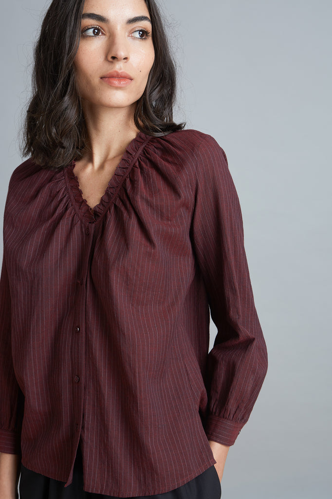 Ruffle Neck Top - Burgundy